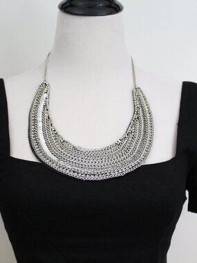 Chunky Silver Layered Chain Statement Bib Necklace Catherine Stein 27” NWT